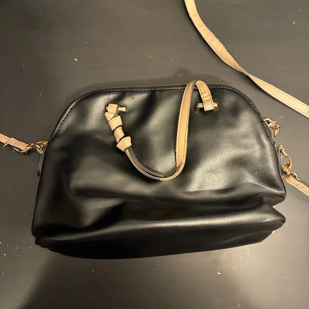 Nanette Lepore Black Tan Faux Leather Dome Crossbody Satchel Bag Gold Hardware